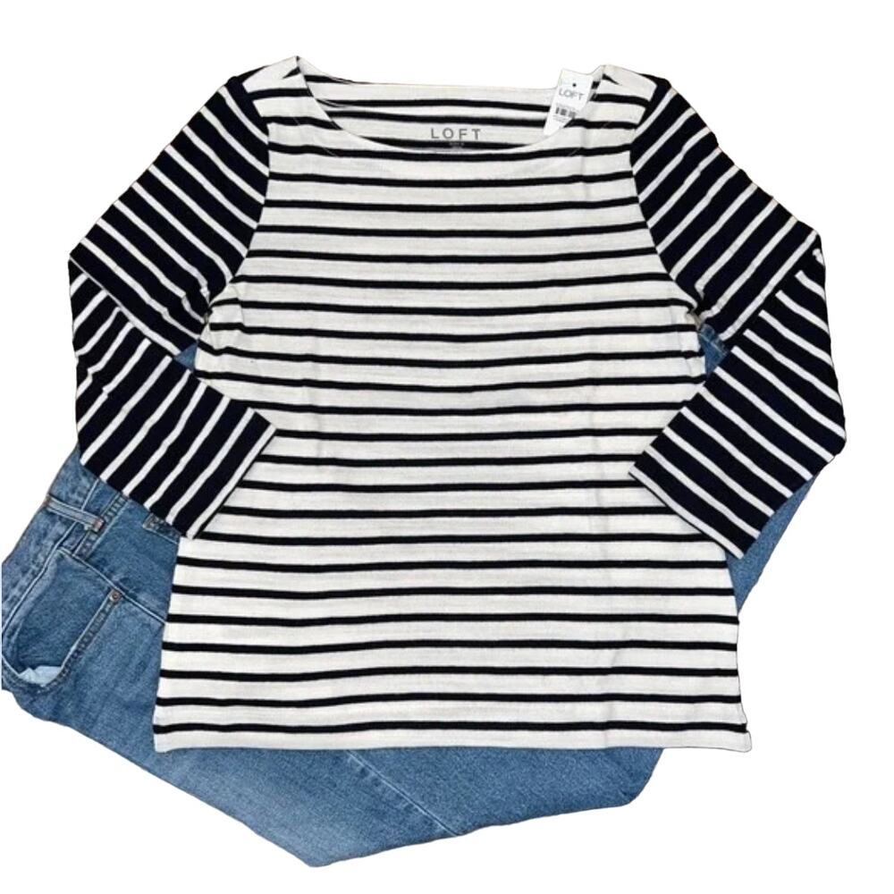 NWT LOFT Navy & White/Ivory Striped Harbor Soft Knit Shirt- SIZE LARGE